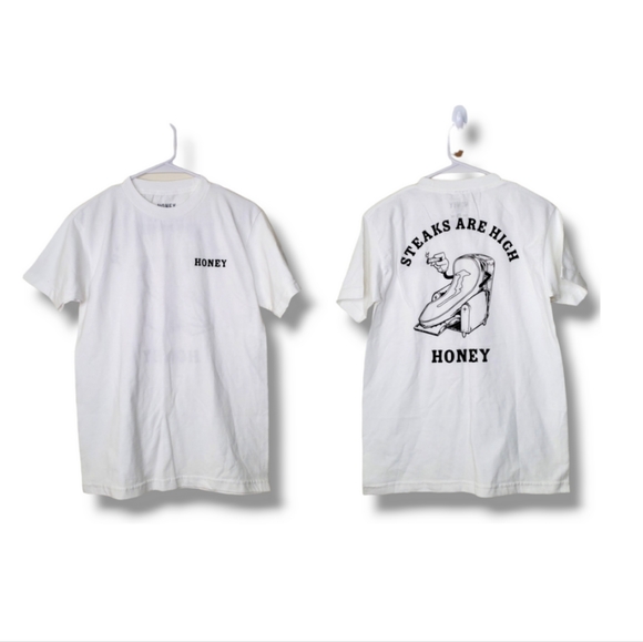 NWOT Honey Brand Co 'Steaks Are High' Graphic Logo Spellout Tee in White Sz S - Picture 1 of 8